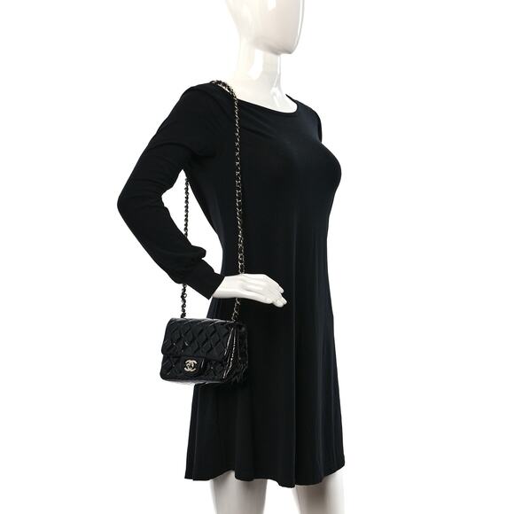 Chanel Mini Square Flap Bag Patent Leather Quilted Black/Silver CC Authentic - Picture 14 of 16